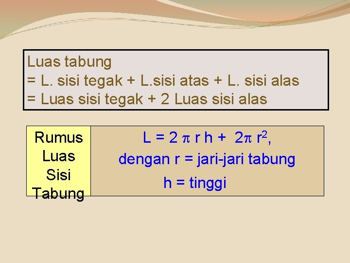 Luas tabung = L. sisi tegak + L. sisi atas + L. sisi alas Luas tabung = L. sisi tegak + L. sisi atas + L. sisi alas