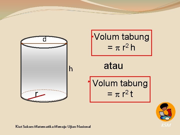 Volum tabung = r 2 h d h r Kiat Sukses Matematika Menuju Ujian Volum tabung = r 2 h d h r Kiat Sukses Matematika Menuju Ujian