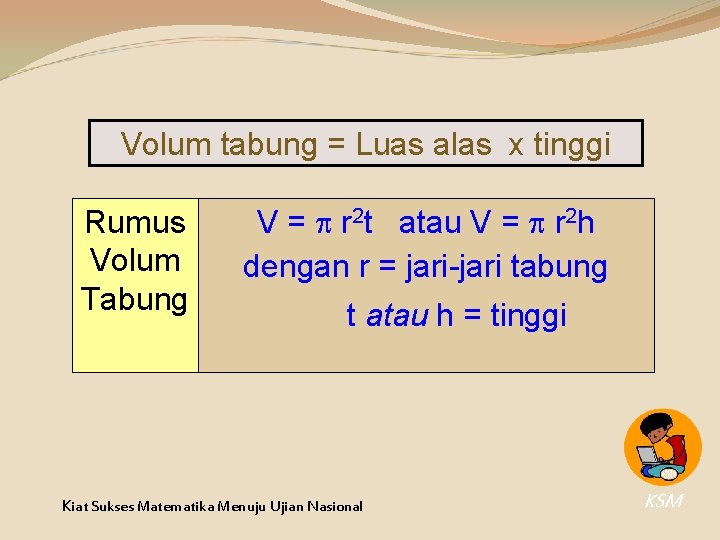Volum tabung = Luas alas x tinggi Rumus Volum Tabung V = r 2 Volum tabung = Luas alas x tinggi Rumus Volum Tabung V = r 2