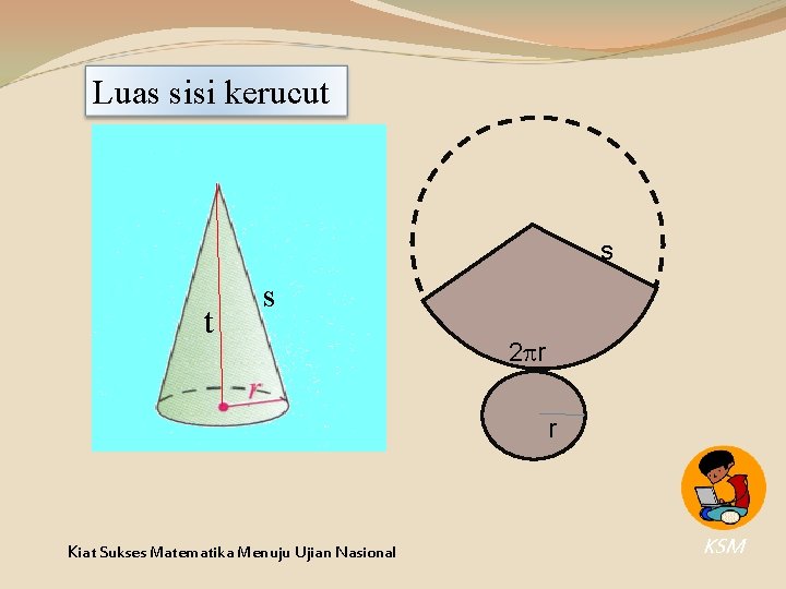 Luas sisi kerucut s 2 r r Kiat Sukses Matematika Menuju Ujian Nasional KSM Luas sisi kerucut s 2 r r Kiat Sukses Matematika Menuju Ujian Nasional KSM