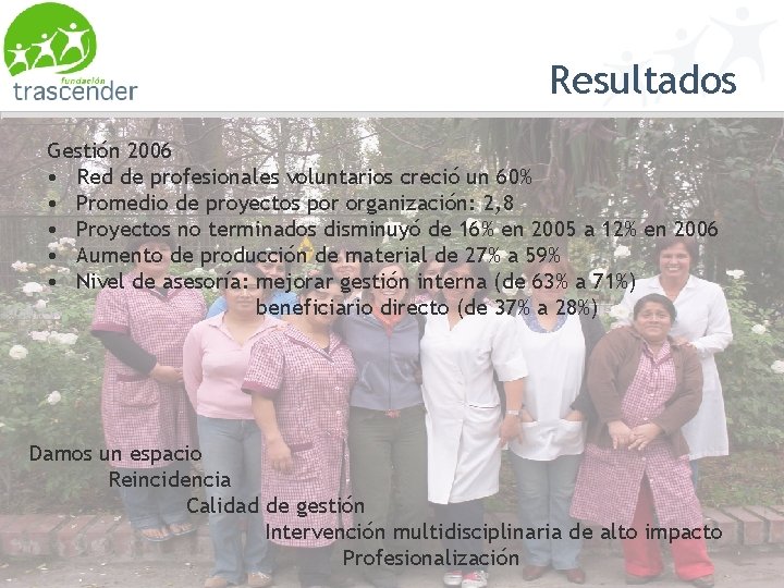 Resultados Gestión 2006 • Red de profesionales voluntarios creció un 60% • Promedio de