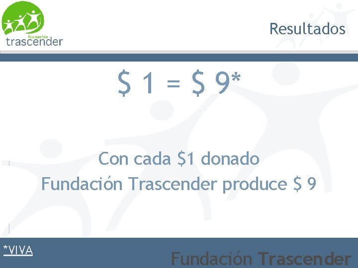 Resultados $ 1 = $ 9* Con cada $1 donado Fundación Trascender produce $