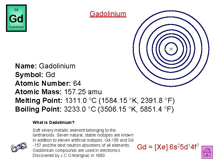 64 Gadolinium Gd Gadolinium N Name: Gadolinium Symbol: Gd Atomic Number: 64 Atomic Mass: