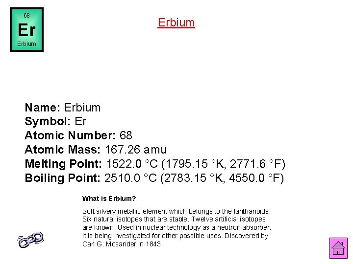 68 Erbium Er Erbium Name: Erbium Symbol: Er Atomic Number: 68 Atomic Mass: 167.