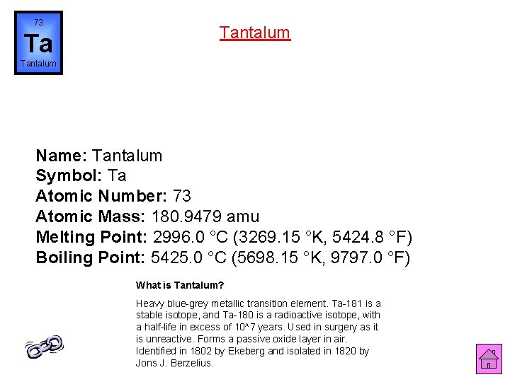 73 Ta Tantalum Name: Tantalum Symbol: Ta Atomic Number: 73 Atomic Mass: 180. 9479