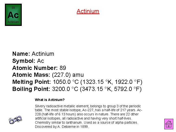 89 Actinium Ac Actinium Name: Actinium Symbol: Ac Atomic Number: 89 Atomic Mass: (227.