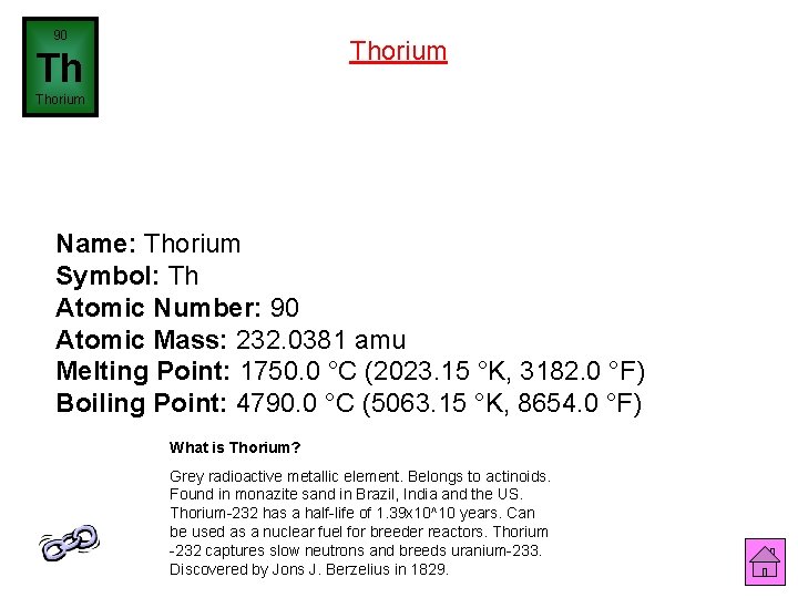 90 Thorium Th Thorium Name: Thorium Symbol: Th Atomic Number: 90 Atomic Mass: 232.