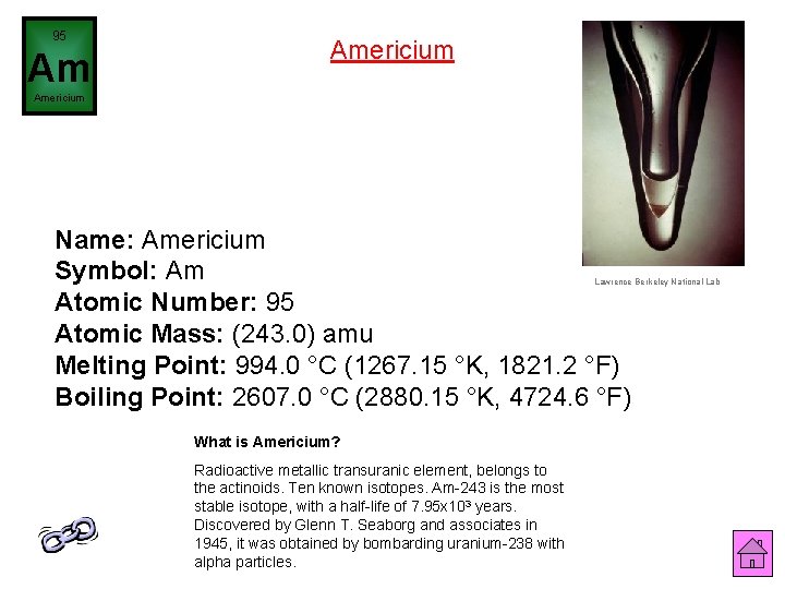 95 Am Americium Name: Americium Symbol: Am Atomic Number: 95 Atomic Mass: (243. 0)