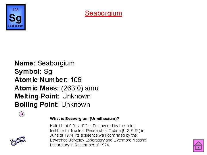 106 Sg Seaborgium Name: Seaborgium Symbol: Sg Atomic Number: 106 Atomic Mass: (263. 0)