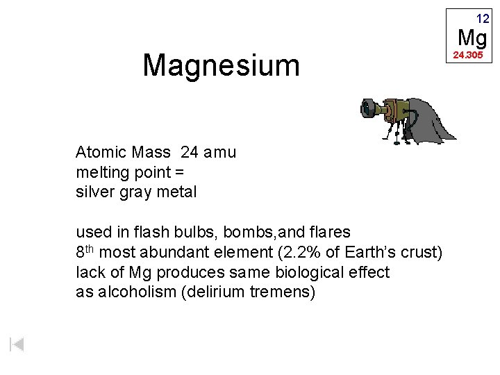 12 Magnesium Atomic Mass 24 amu melting point = silver gray metal used in