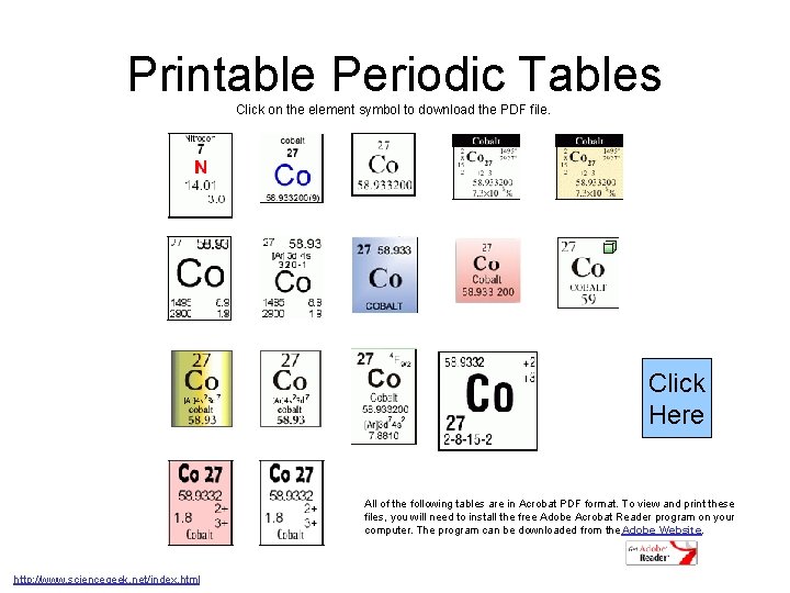 Printable Periodic Tables Click on the element symbol to download the PDF file. Click