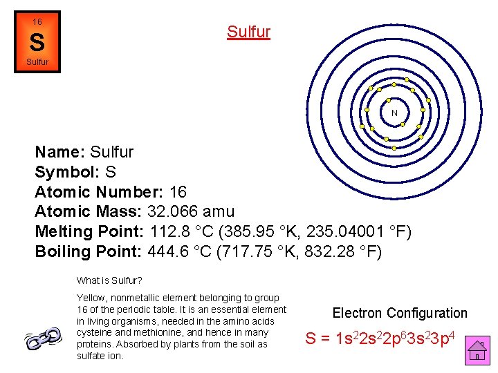 16 Sulfur S Sulfur N Name: Sulfur Symbol: S Atomic Number: 16 Atomic Mass: