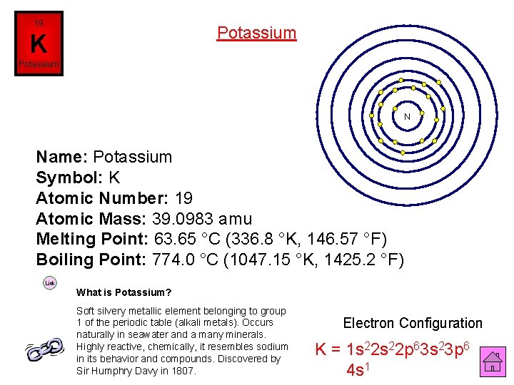 19 Potassium K Potassium N Name: Potassium Symbol: K Atomic Number: 19 Atomic Mass: