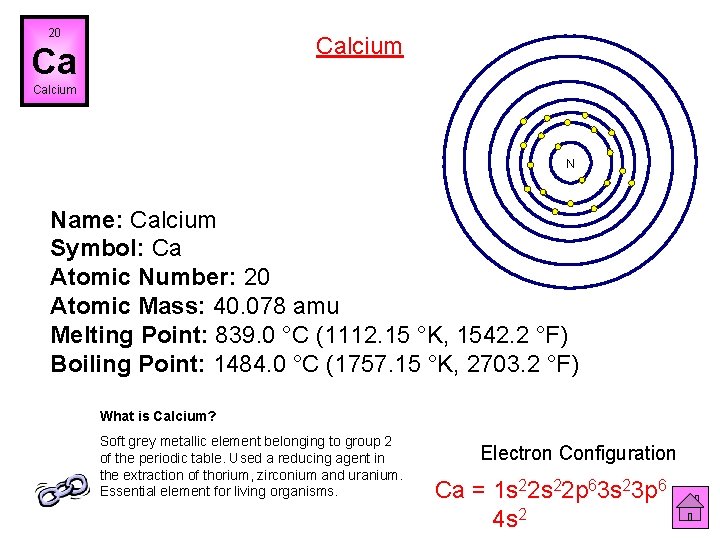 20 Calcium Ca Calcium N Name: Calcium Symbol: Ca Atomic Number: 20 Atomic Mass: