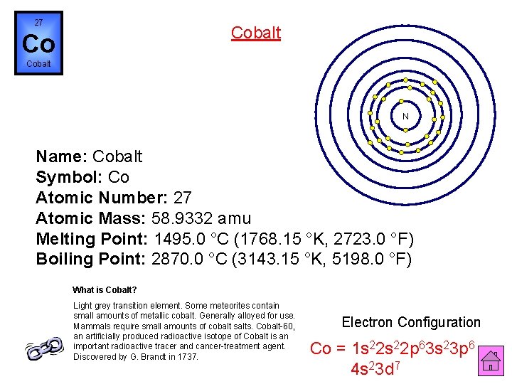 27 Cobalt Co Cobalt N Name: Cobalt Symbol: Co Atomic Number: 27 Atomic Mass: