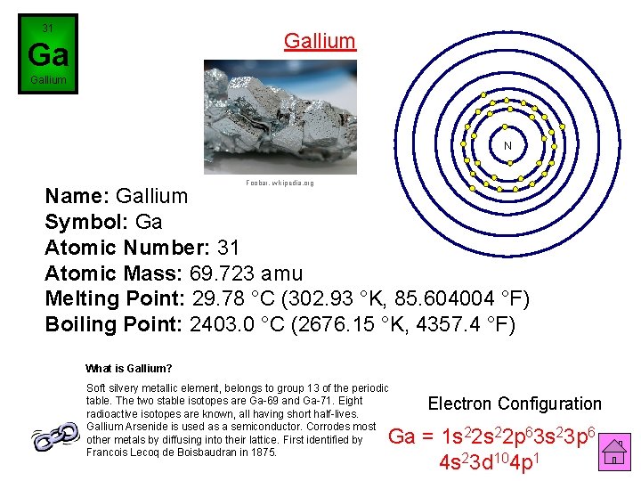 31 Gallium Ga Gallium N Foobar, wikipedia. org Name: Gallium Symbol: Ga Atomic Number: