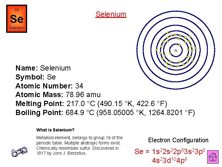 34 Selenium Se Selenium N Name: Selenium Symbol: Se Atomic Number: 34 Atomic Mass: