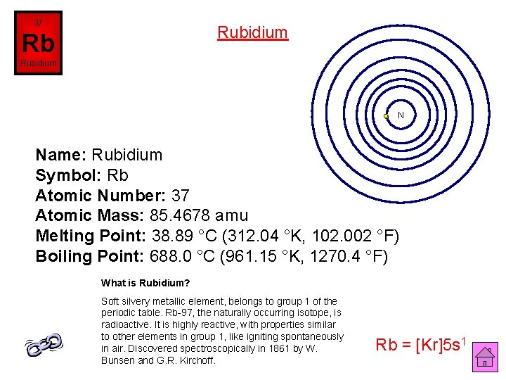 37 Rubidium Rb Rubidium N Name: Rubidium Symbol: Rb Atomic Number: 37 Atomic Mass: