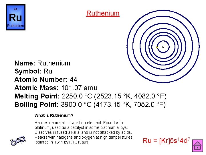 44 Ruthenium Ru Ruthenium N Name: Ruthenium Symbol: Ru Atomic Number: 44 Atomic Mass: