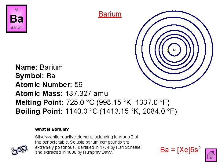 56 Barium Ba Barium N Name: Barium Symbol: Ba Atomic Number: 56 Atomic Mass: