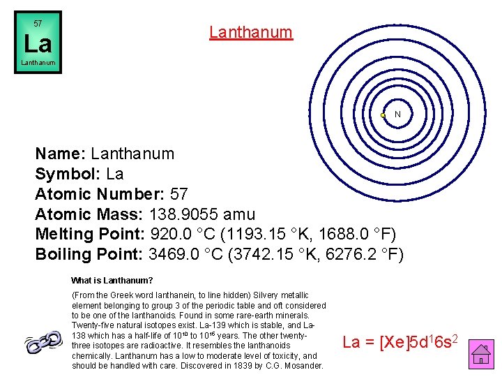 57 Lanthanum La Lanthanum N Name: Lanthanum Symbol: La Atomic Number: 57 Atomic Mass: