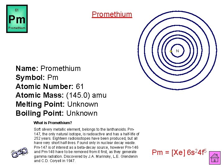 61 Promethium Pm Promethium N Name: Promethium Symbol: Pm Atomic Number: 61 Atomic Mass: