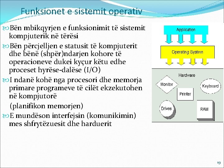 Funksionet e sistemit operativ Bën mbikqyrjen e funksionimit të sistemit kompjuterik në tërësi Bën