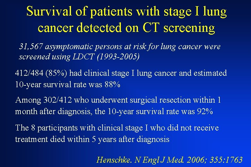 Survival of patients with stage I lung cancer detected on CT screening 31, 567