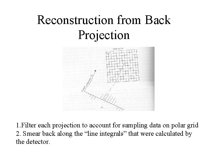 Reconstruction from Back Projection 1. Filter each projection to account for sampling data on Reconstruction from Back Projection 1. Filter each projection to account for sampling data on