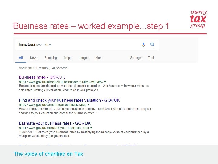 Business rates – worked example. . . step 1 The voice of charities on