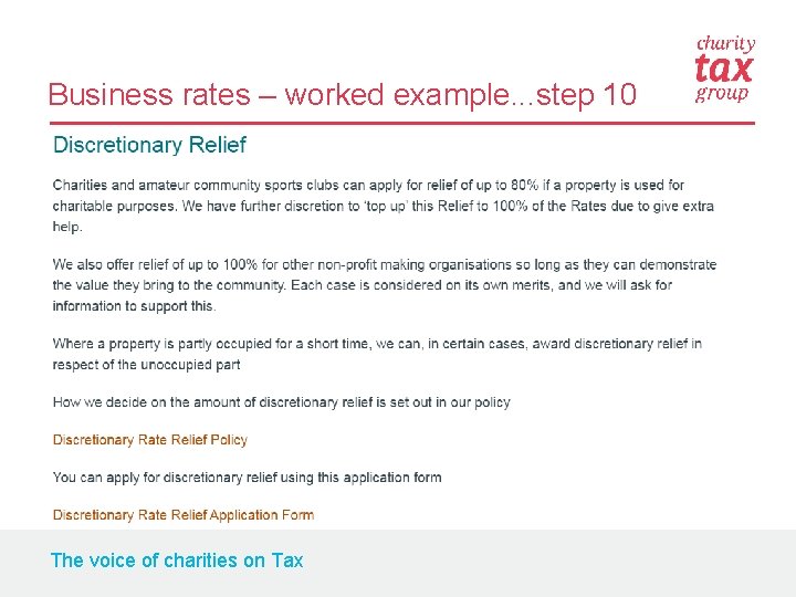 Business rates – worked example. . . step 10 The voice of charities on