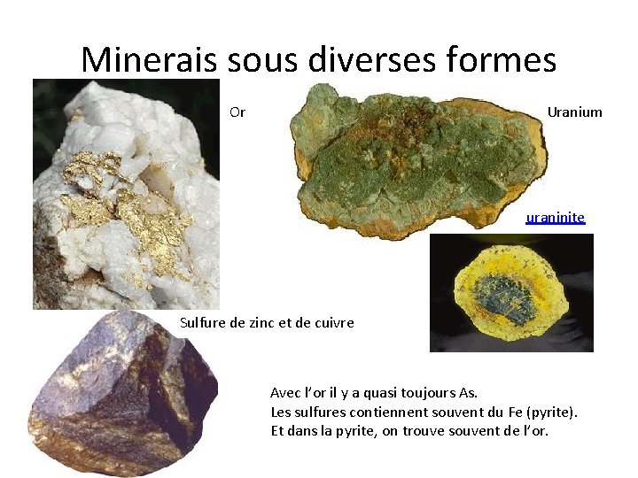 Minerais sous diverses formes Or Uranium uraninite Sulfure de zinc et de cuivre Avec