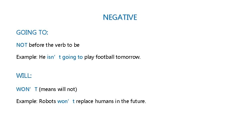 NEGATIVE GOING TO: NOT before the verb to be Example: He isn’t going to