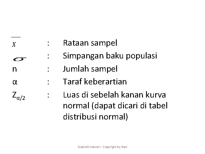 n α Zα/2 : : : Rataan sampel Simpangan baku populasi Jumlah sampel Taraf