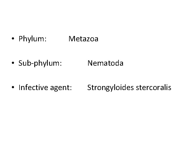  • Phylum: Metazoa • Sub-phylum: Nematoda • Infective agent: Strongyloides stercoralis 