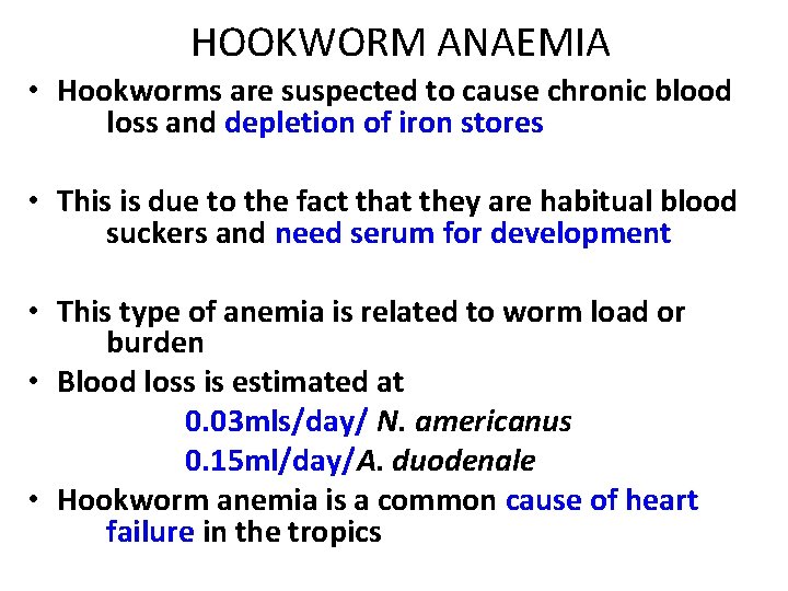 HOOKWORM ANAEMIA • Hookworms are suspected to cause chronic blood loss and depletion of
