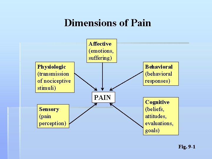 Dimensions of Pain Affective (emotions, suffering) Physiologic (transmission of nociceptive stimuli) Behavioral (behavioral responses)