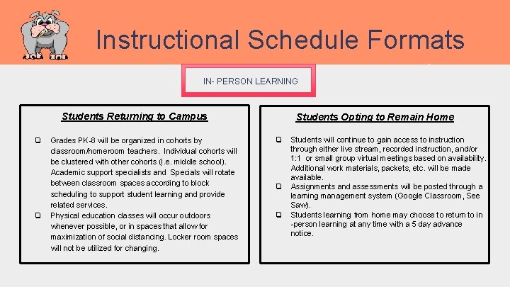 Instructional Schedule Formats IN- PERSON LEARNING Students Returning to Campus ❏ ❏ Grades PK-8 Instructional Schedule Formats IN- PERSON LEARNING Students Returning to Campus ❏ ❏ Grades PK-8