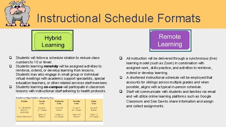 Instructional Schedule Formats ❏ ❏ ❏ Students will follow a schedule rotation to reduce