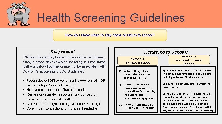 Health Screening Guidelines How do I know when to stay home or return to