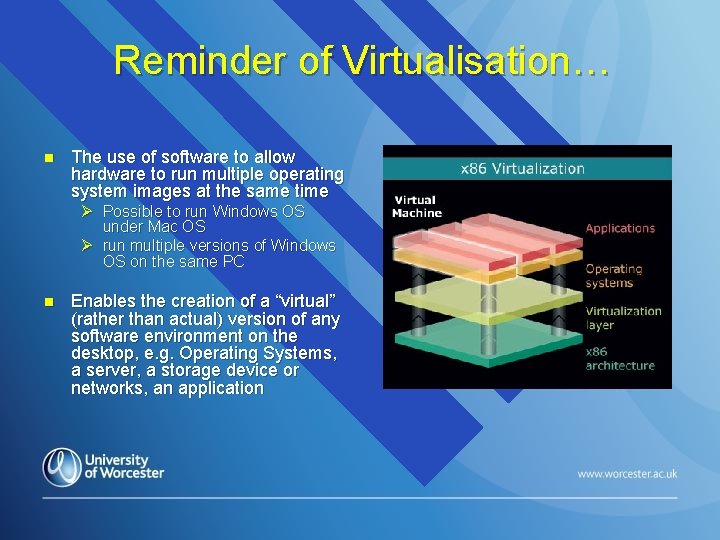 Reminder of Virtualisation… n The use of software to allow hardware to run multiple