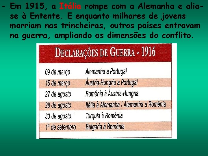 - Em 1915, a Itália rompe com a Alemanha e aliase à Entente. E