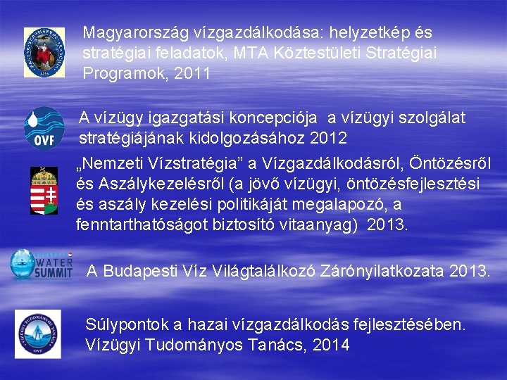 Magyarország vízgazdálkodása: helyzetkép és stratégiai feladatok, MTA Köztestületi Stratégiai Programok, 2011 A vízügy igazgatási