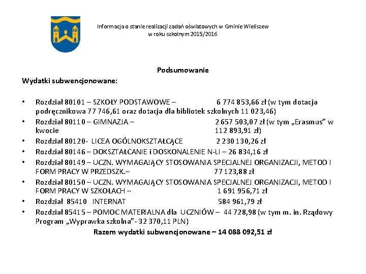 Informacja o stanie realizacji zadań oświatowych w Gminie Wieliszew w roku szkolnym 2015/2016 Podsumowanie