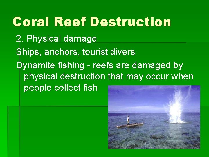 Coral Reef Destruction 2. Physical damage Ships, anchors, tourist divers Dynamite fishing - reefs