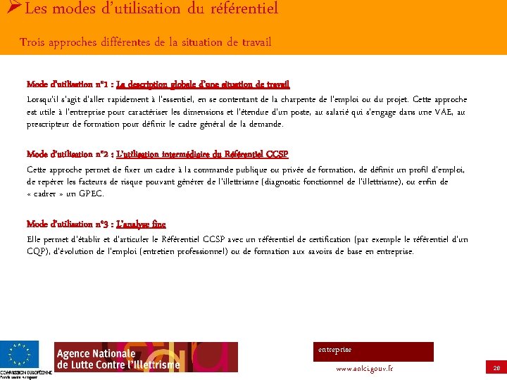 ØLes modes d’utilisation du référentiel Trois approches différentes de la situation de travail Mode