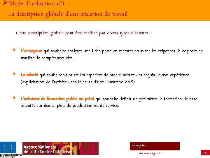 ØMode d’utilisation n° 1 : La description globale d’une situation de travail Cette description