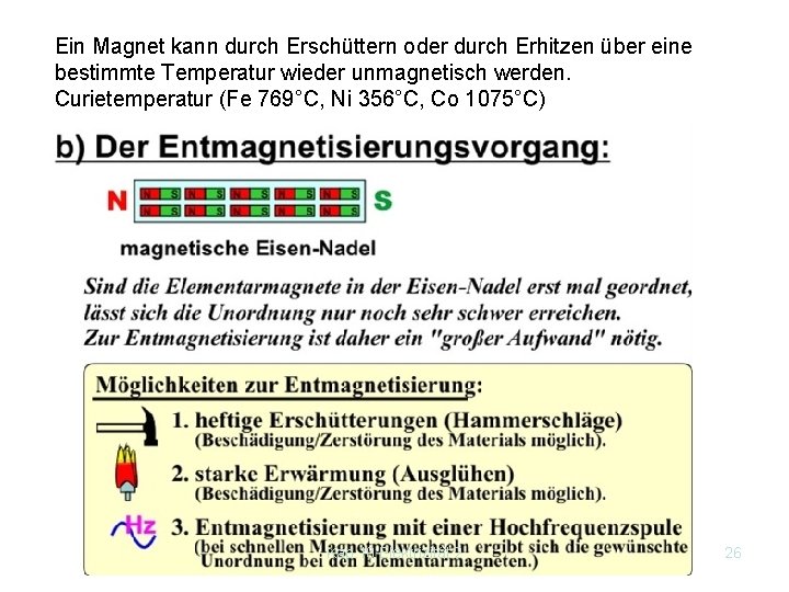 Ein Magnet kann durch Erschüttern oder durch Erhitzen über eine bestimmte Temperatur wieder unmagnetisch