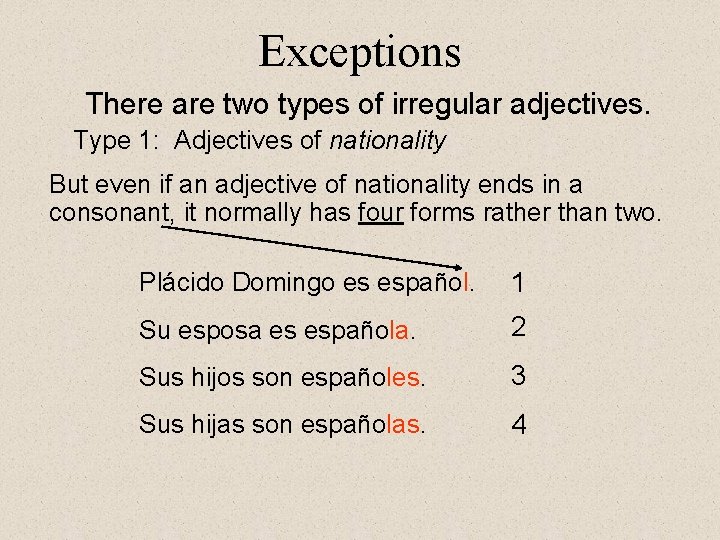 Exceptions There are two types of irregular adjectives. Type 1: Adjectives of nationality But