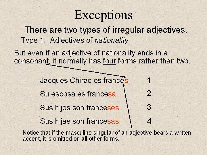 Exceptions There are two types of irregular adjectives. Type 1: Adjectives of nationality But